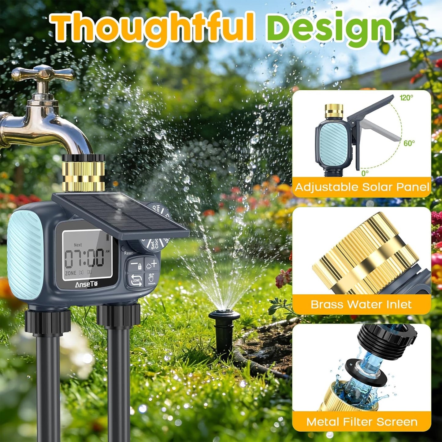 Skiennix Solar Sprinkler Timer - Programmable Brass Inlet Hose Timer for Efficient Garden Watering | 2 Outlet