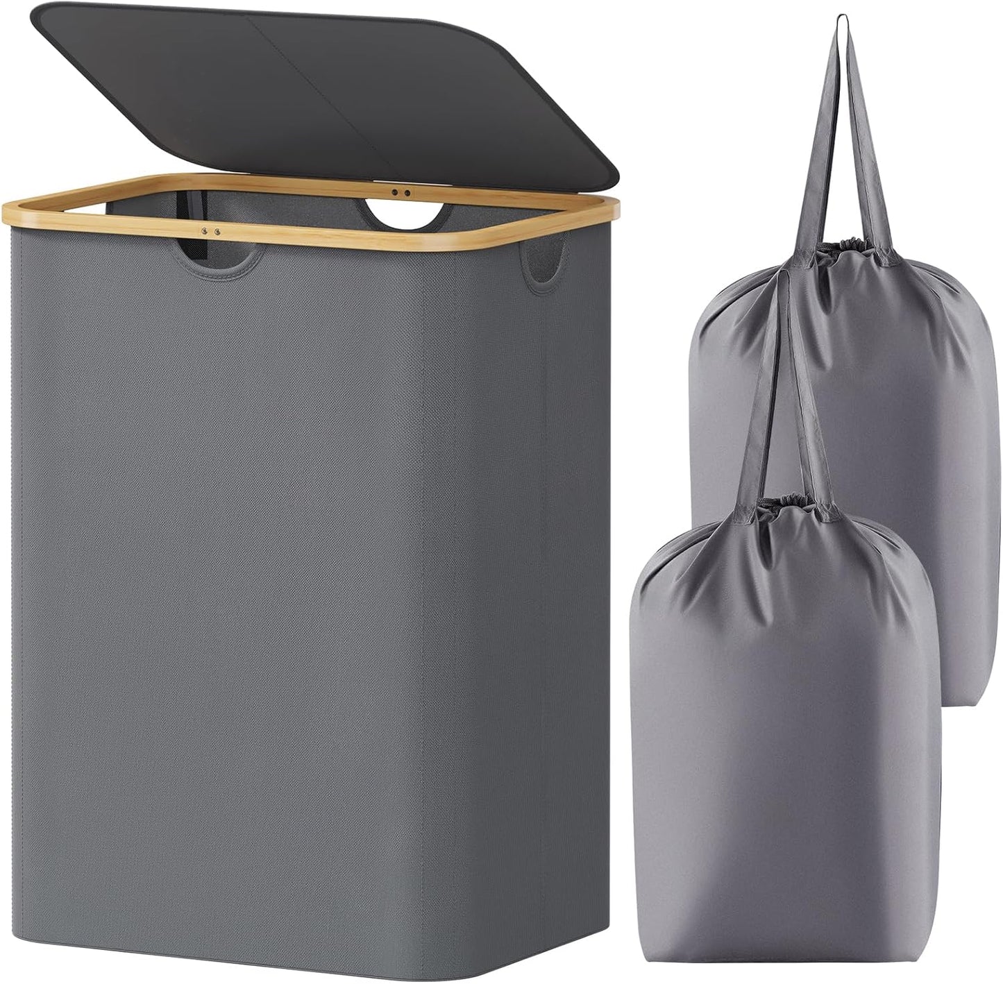 Lifewit 150L Laundry Basket - Foldable Hamper with Lid & Bamboo Handles | 2 Removable Bags, Grey