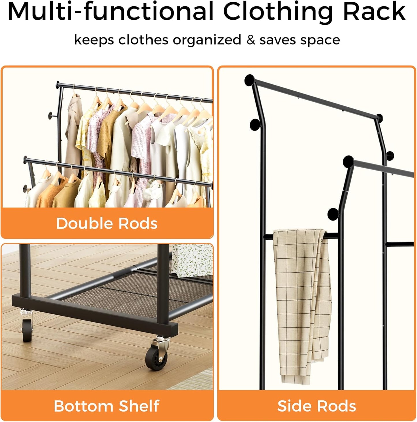 Skiennix Double Rods Clothes Rack - Portable Rolling Garment Rack with Hooks & Mesh Shelf | Black