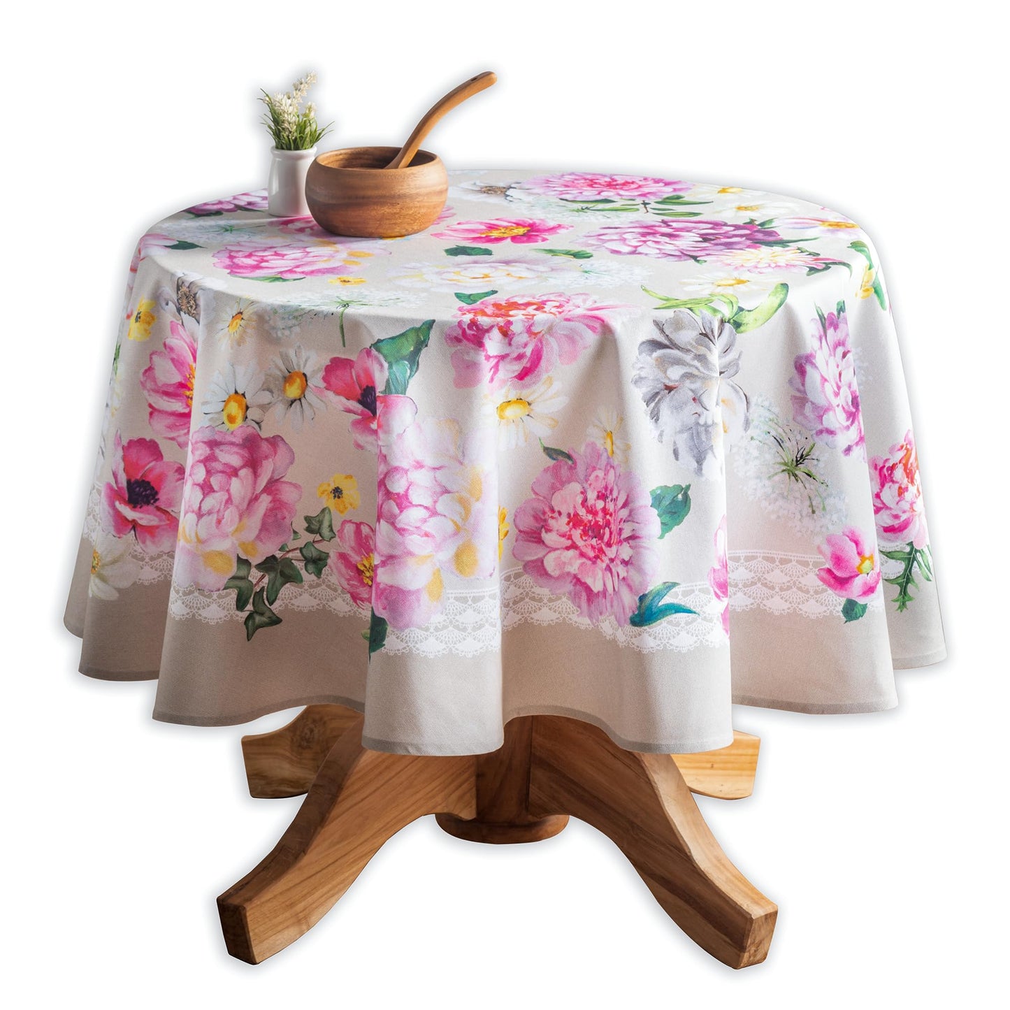 Maison d' Hermine Table Cloth Round Table 100% Cotton 69 Round Inches Tablecloth Reusable Decorative for Dining Kitchen Room Farmhouse Home Gifts for Mothers Day Spring Summer - Pivoine