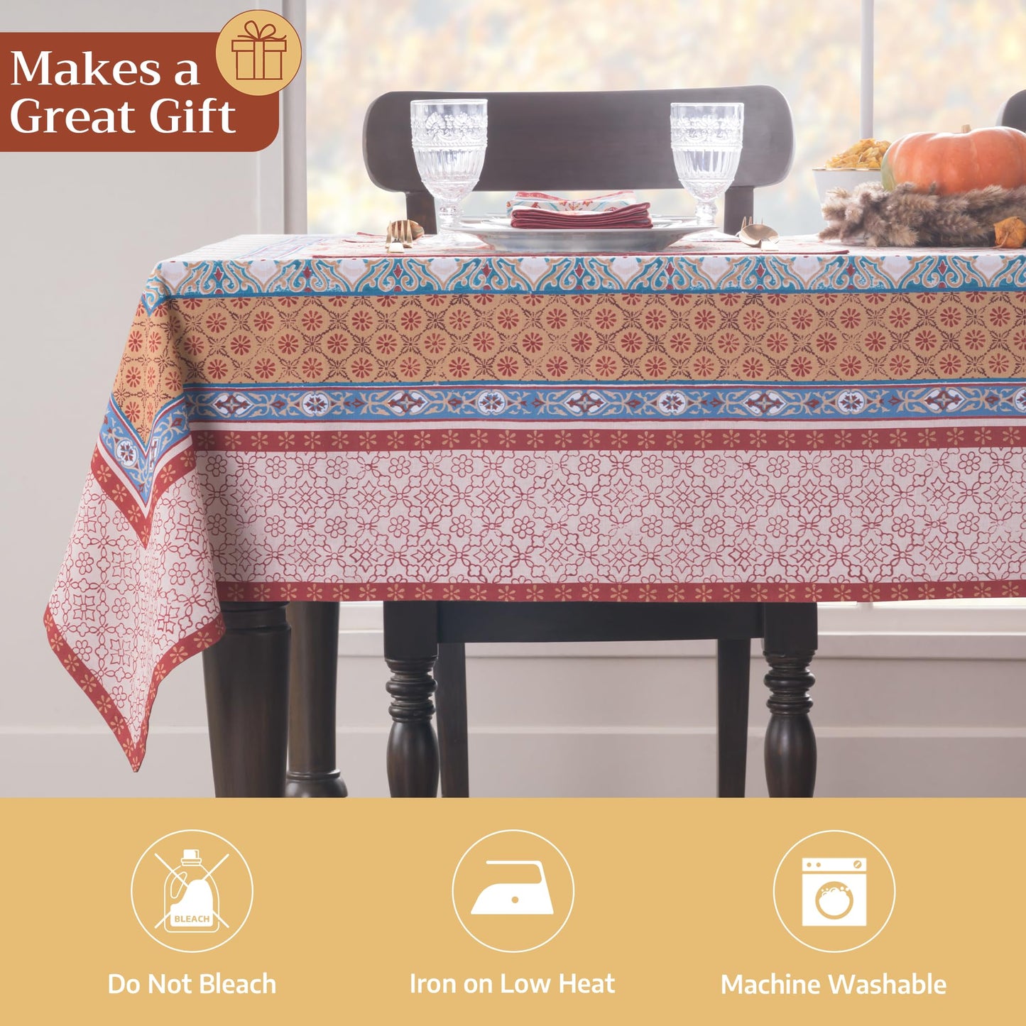 Maison d' Hermine Table Cloth Square Table 100% Cotton 54 x 54 Inches Fall Tablecloth Reusable Everyday Use for Thanksgiving Christmas Decorations Dining Farmhouse Party (Romane)