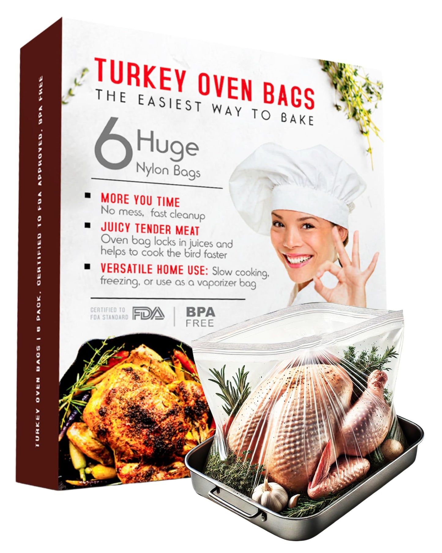 Liquid Solution Oven Bags for Perfect Roasted Turkey Chicken or Veggies, Locks In Juices and Turkey Flavoring, BPA-Free and Oven-Safe, 6 pack (19 x 23 in)