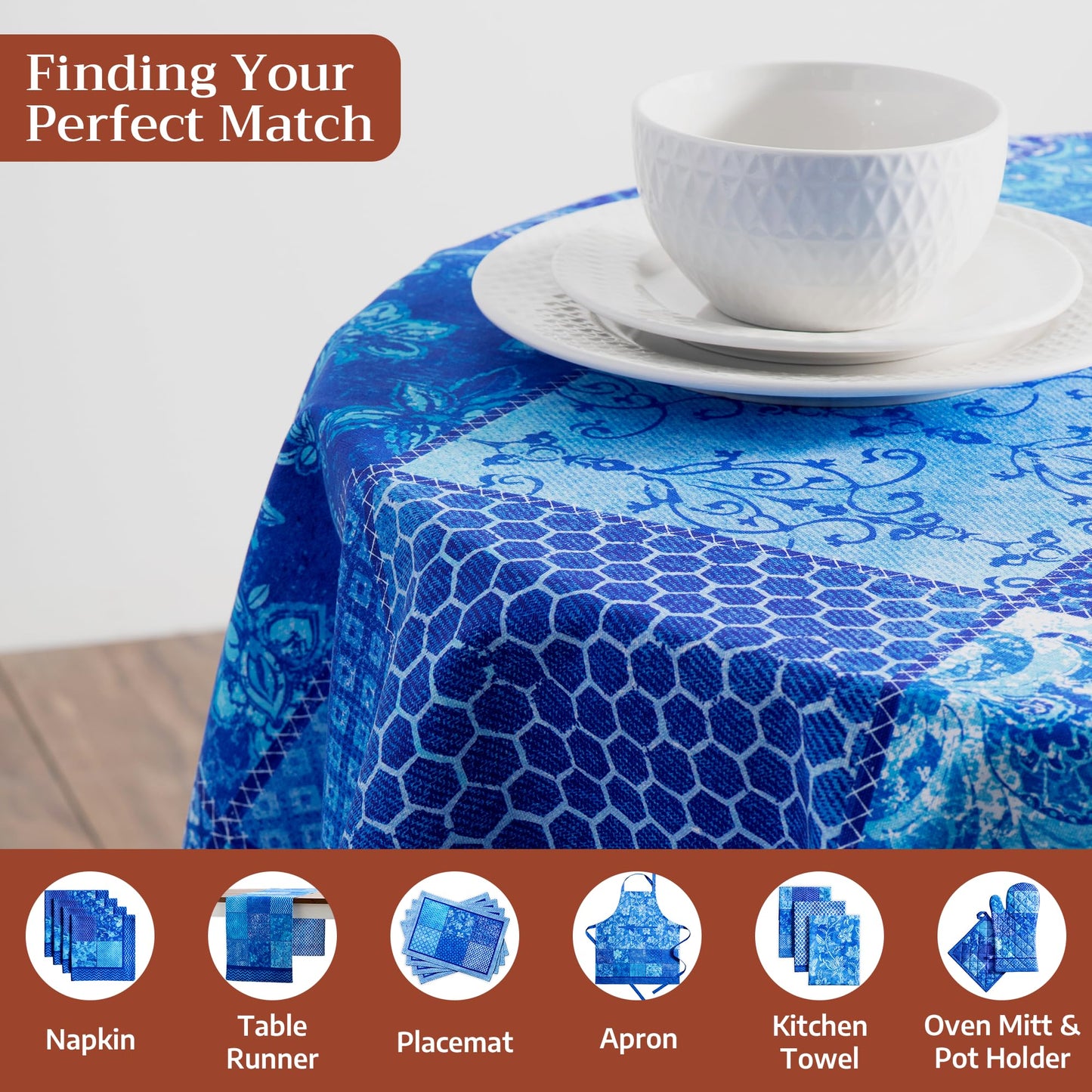 Maison d' Hermine Table Cloth Round Table 100% Cotton 69 Round Inches Tablecloth Reusable Decorative for Dining Kitchen Room Farmhouse Home Gifts for Mothers Day Spring Summer - Indigo Love