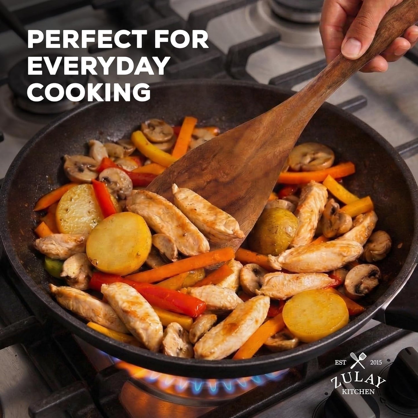 Zulay Kitchen Wooden Cooking Spoons Set - 6 Durable Teak Utensils, Easy to Clean, Comfort Grip