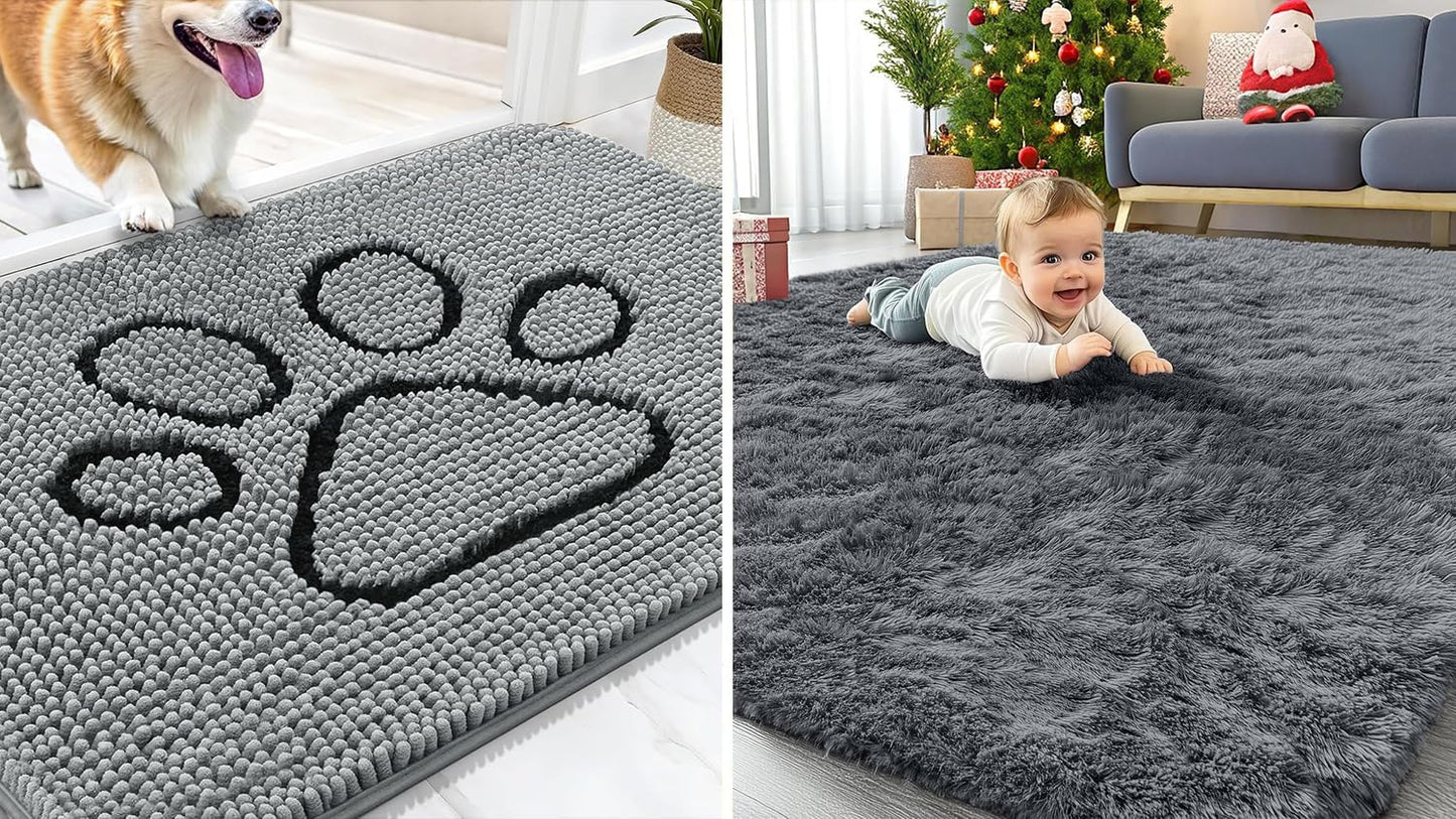 OLANLY Chenille Dog Door Mat - Soft & Absorbent Area Rug Bundle | 30x20 in & 4x5.9 ft - Grey