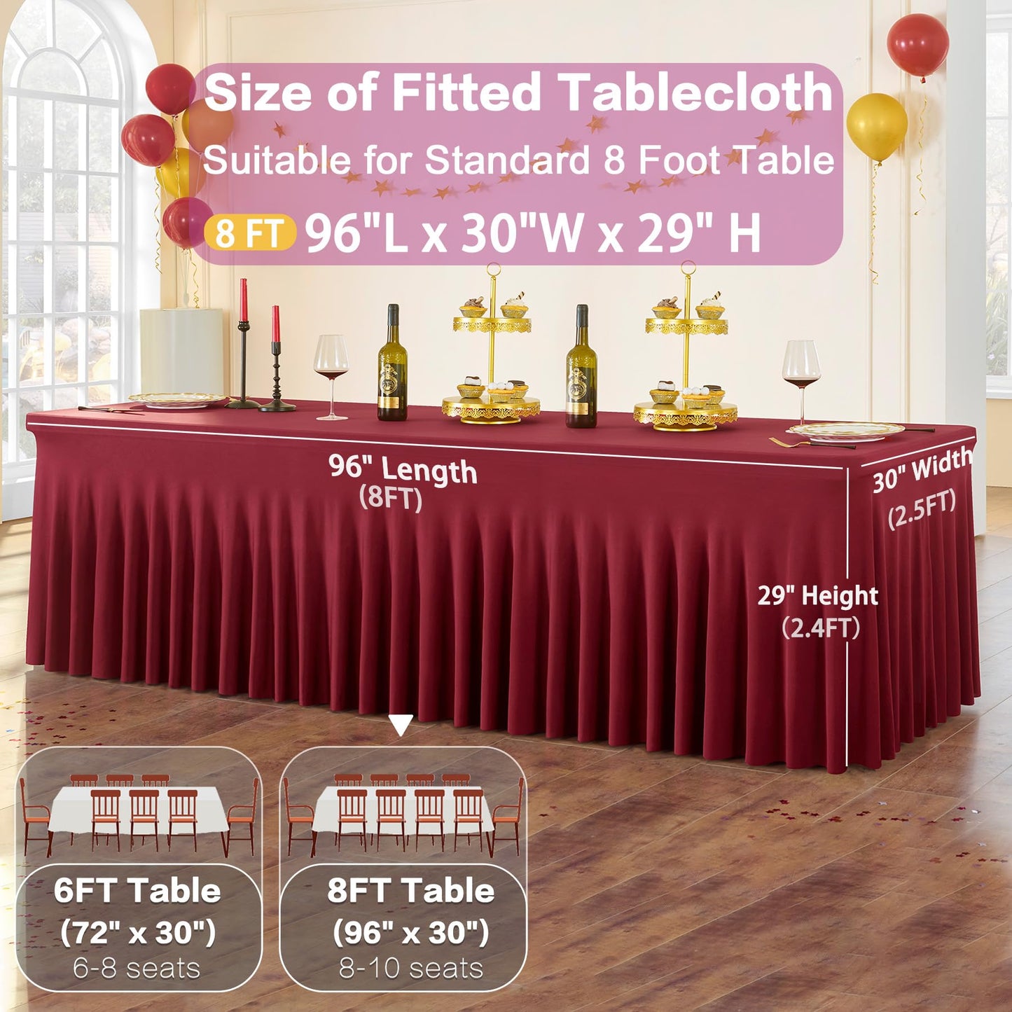 2 Pack Burgundy Spandex Table Clothes for 8 Foot Rectangle Tables, Wrinkle Free Fitted Table Cover 8ft Maroon Stretch Tablecloths with Skirt for Parties Weddings Birthday Banquet Baby Shower