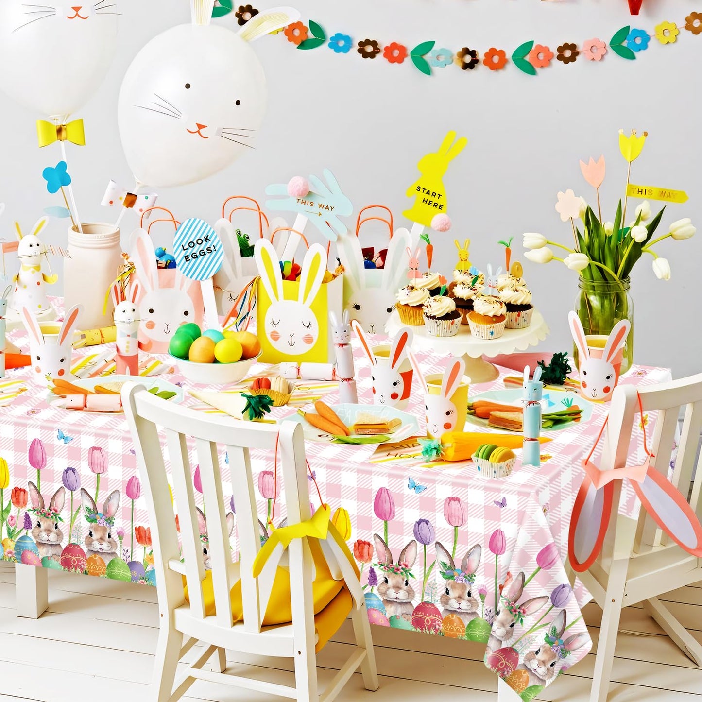 TJYJOY 4 Pack Easter Tablecloth Spring Tulip Buffalo Bunny Table Cloth Disposable Rectangle Table Covers Easter Decorations for Picnic Spring Birthday Party Supplies 51 x 86in