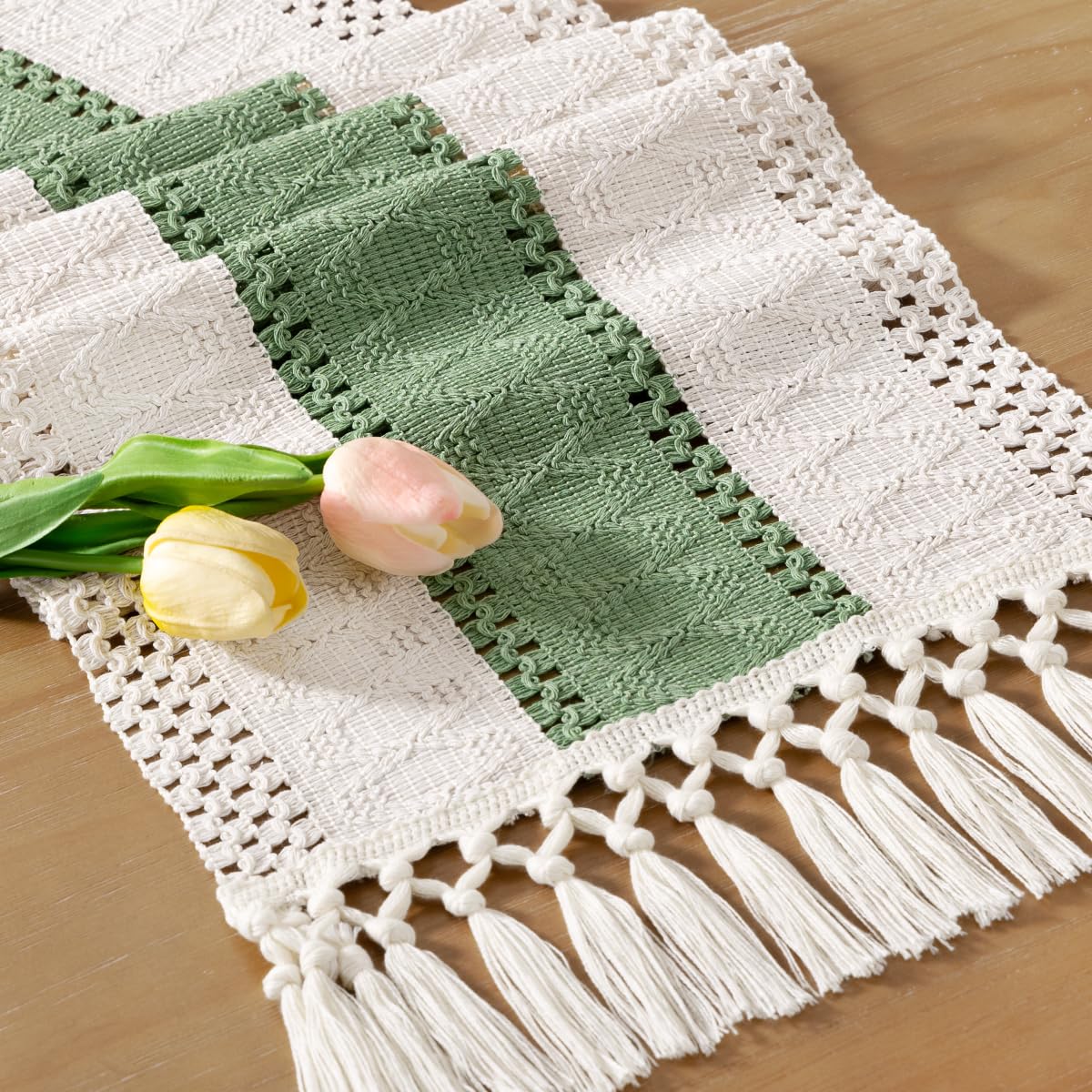 Socomi Boho Table Runner Macrame Summer Farmhouse Woven Cotton Linen Rustic Coffee Table Runner with Tassels for Dresser Scarf Home Decor Dining Room 12x90 inch Sage Green Ivory