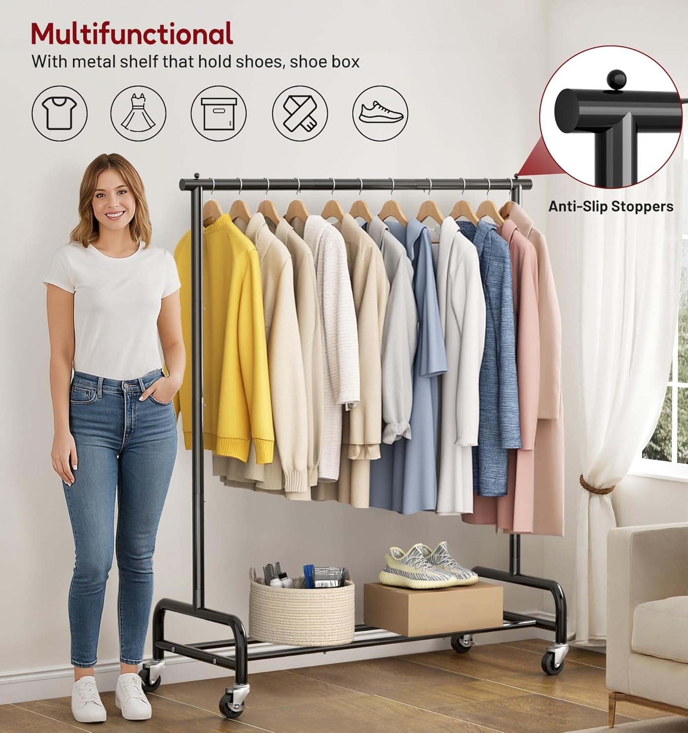 Sleeping Lamb Heavy Duty Clothing Rack - 43" Wide Rolling Garment Rack with Wheels | Black Metal Hanger for Coats & Shirts