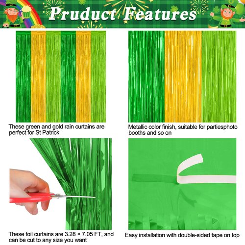 2 Pack St Patrick Party Decorations, 3.28 FT x 7.05 FT Green Gold Light Green Backdrop Curtains, Metallic St.Patrick Fringe Curtains Party Streamer Tinsel Backdrop, St Patrick Party Supplies