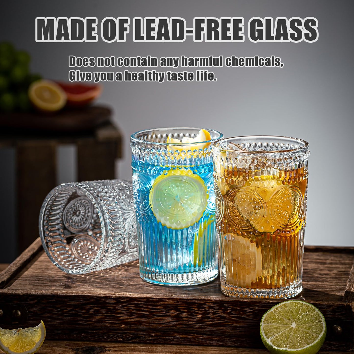 Claplante Vintage Highball Glasses, Set of 8 Glass Drinking Glasses, 13.5 oz Durable Drinkware Cups for Cocktails, Water, Juice, Beer, Wine-Special Edition Glassware Set, Dishware, Dishwasher Safe