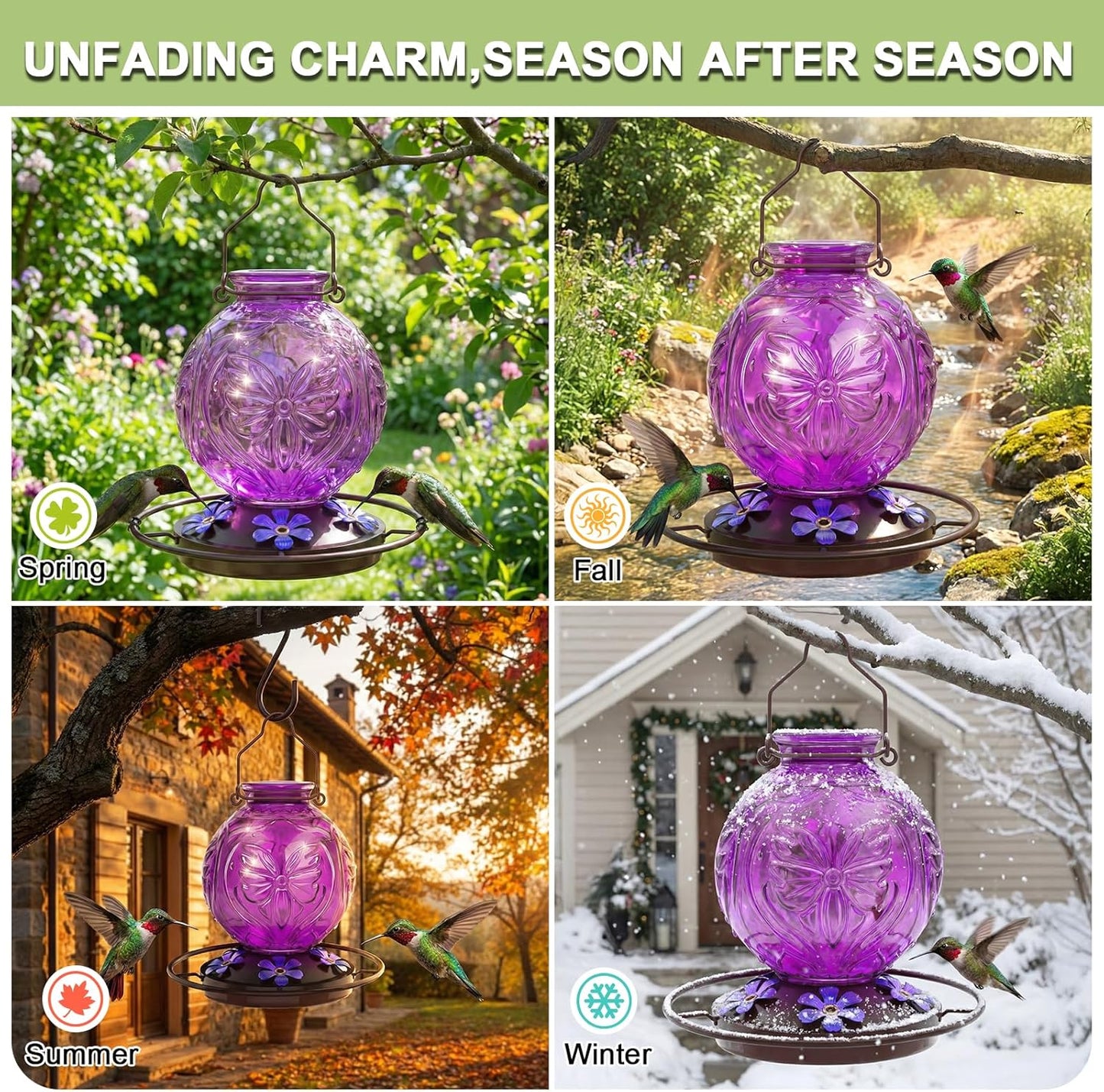 Skiennix Glass Hummingbird Feeder - 25oz Leak-Proof Outdoor Nectar Feeder with 5 Flower Ports | Purple Garden Decor