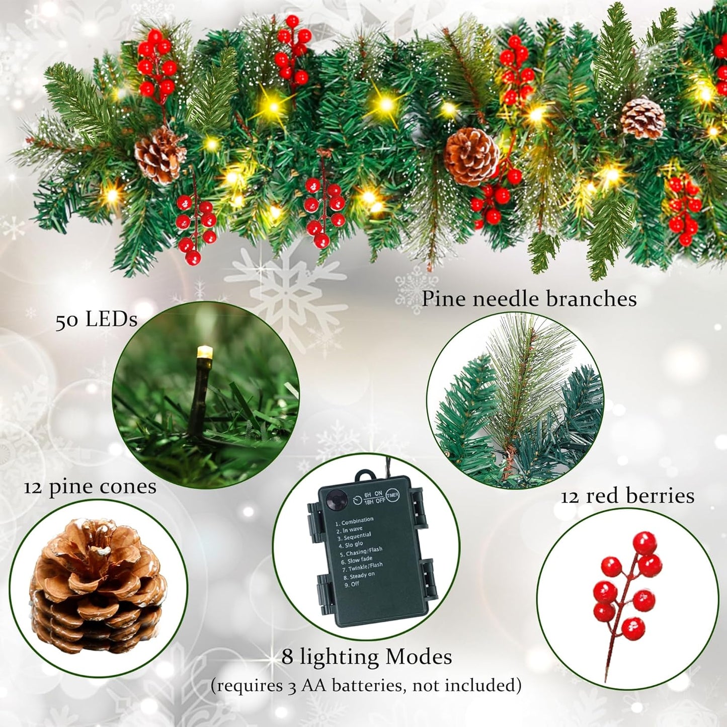 Juegoal 9FT Pre-Lit Christmas Garland - Artificial Greenery with Flowers, Berries & 50 Warm White LED Lights | Indoor/Outdoor Decor