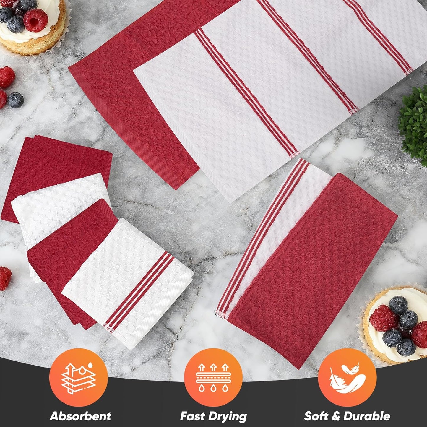 Skiennix Oven Mitts Set - 500°F Heat Resistant Gloves with Silicone Grip & Kitchen Towels | Red