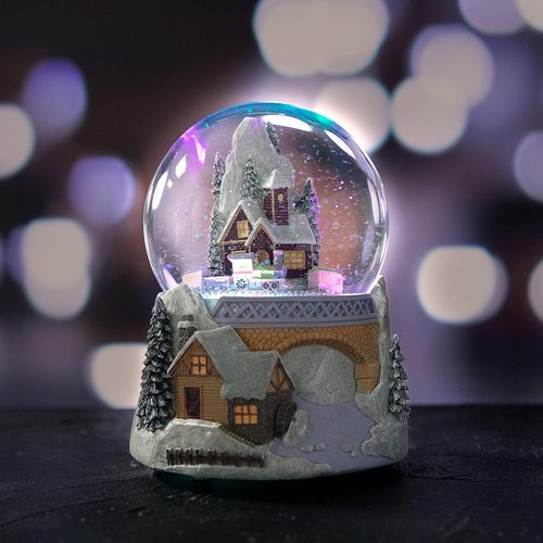 Castle Snowy House Snow Globe - Color Changing Lighting with Revolving Train | Winter Wonderland Theme