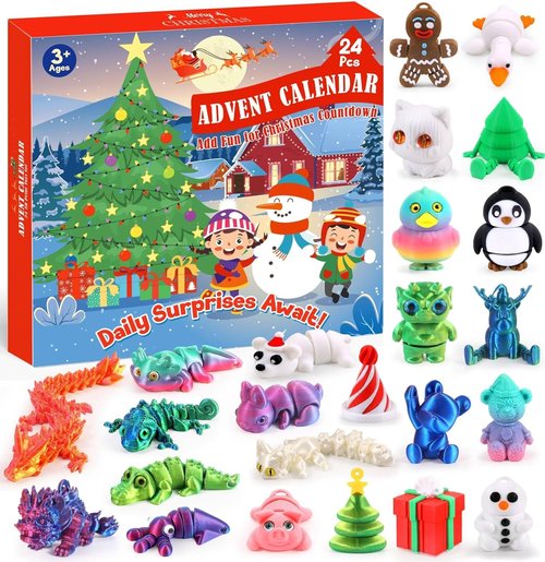 FLY2SKY Advent Calendar 2025 - 24 Days of Fun Gifts for Kids | 3D Printed Animal Toys & Party Favors