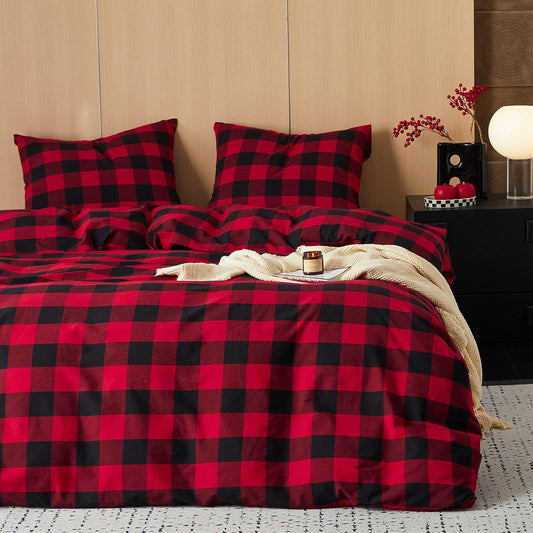Wake In Cloud - Gingham Cotton Duvet Cover Set, Plaid Buffalo Check Checkered Farmhouse, 100% Washed Cotton Textured Bedding Set, 3 Pieces, Red Black, King Size