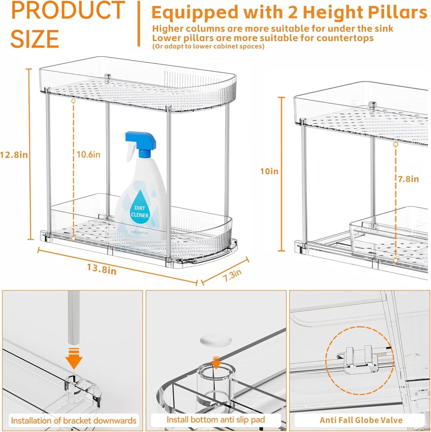 Skiennix Large Pull-Out Bathroom Organizers - 2 Tier 12.8" Tall Acrylic Under Sink Storage
