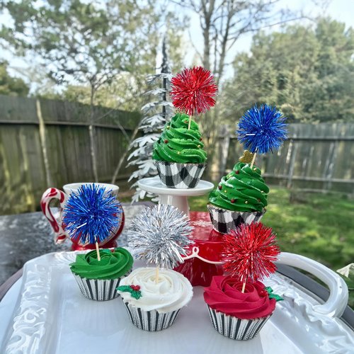 Gyufise 30Pcs Foil Firework Cupcake Toppers Sparkle Tinsel Cake Toppers Tinsel Drink Cake Decoration Cocktail Picks for Birthday Wedding Graduation Party Supplies Silver Dark Blue Red