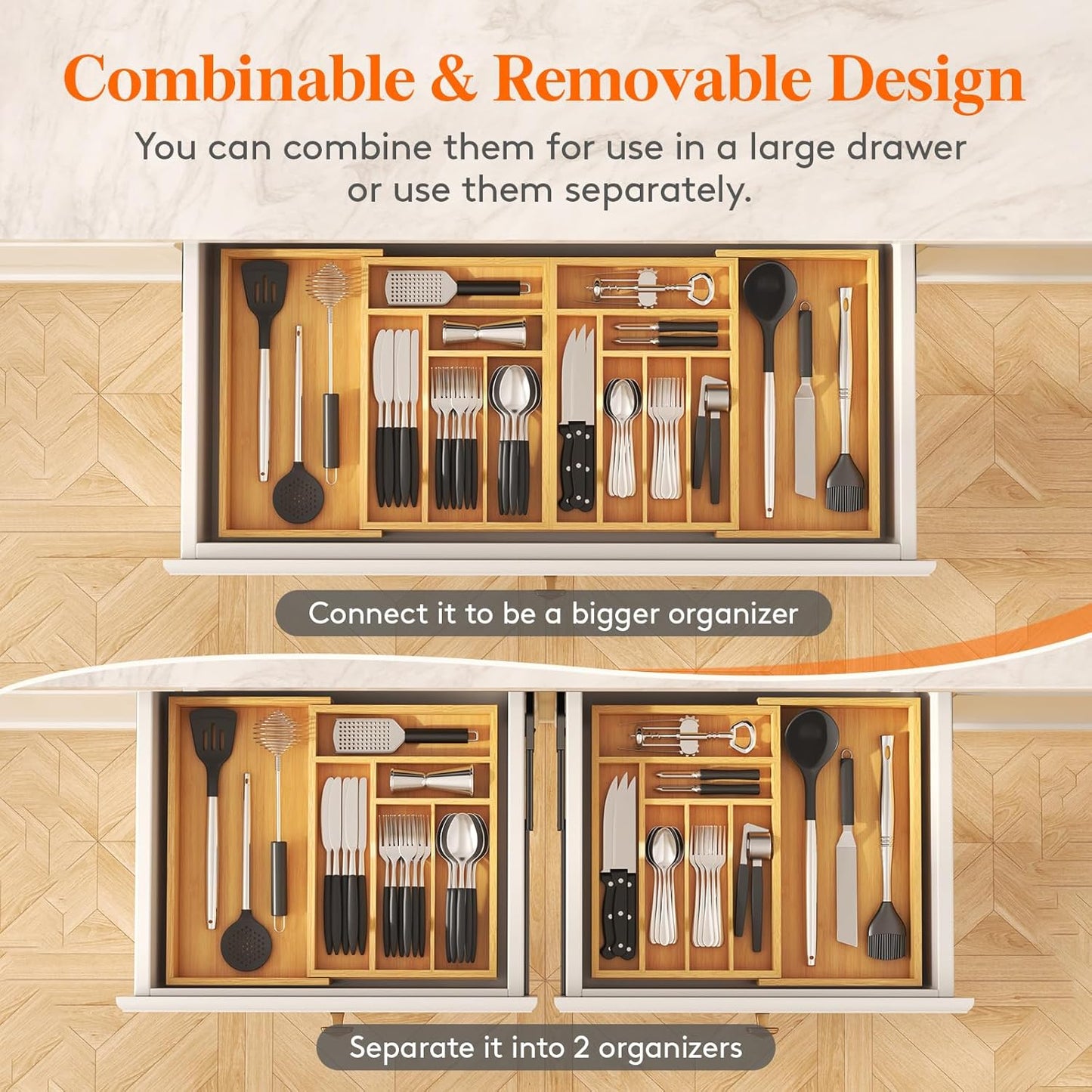 Lifewit Bamboo Silverware Drawer Organizer - Expandable 21.4 to 36 Inches | 13 Compartment Utensil Tray