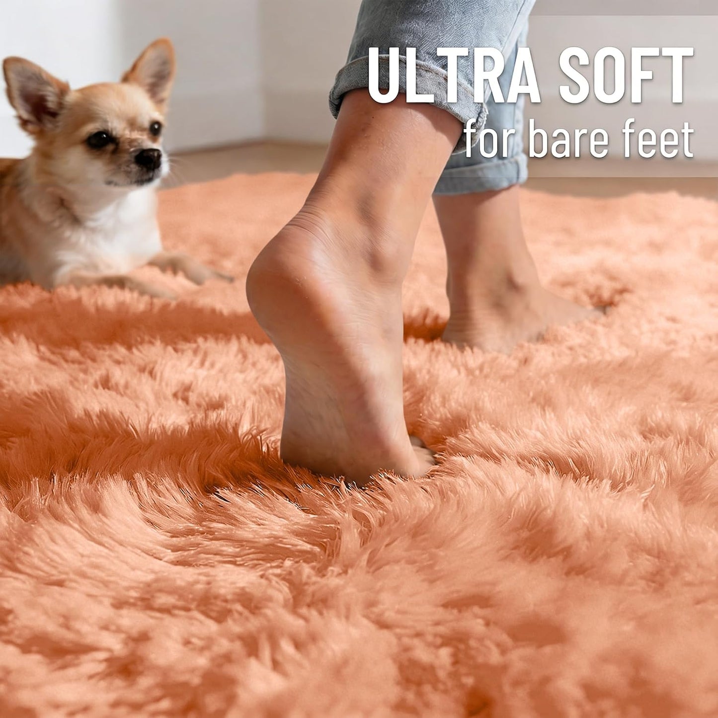 OLANLY Small Bedside Rug - Soft Fluffy Shaggy Carpet for Living Room & Bedroom | Muted Orange, Machine Washable