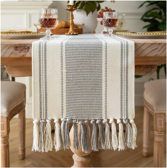 Caflife Boho Table Runner Grey Stripe for Modern Farmhouse Coffee Table Decor, Rustic Woven Runner with Handcrafted Tassels for Home Dining Table décor 13 x 108 Inch Long