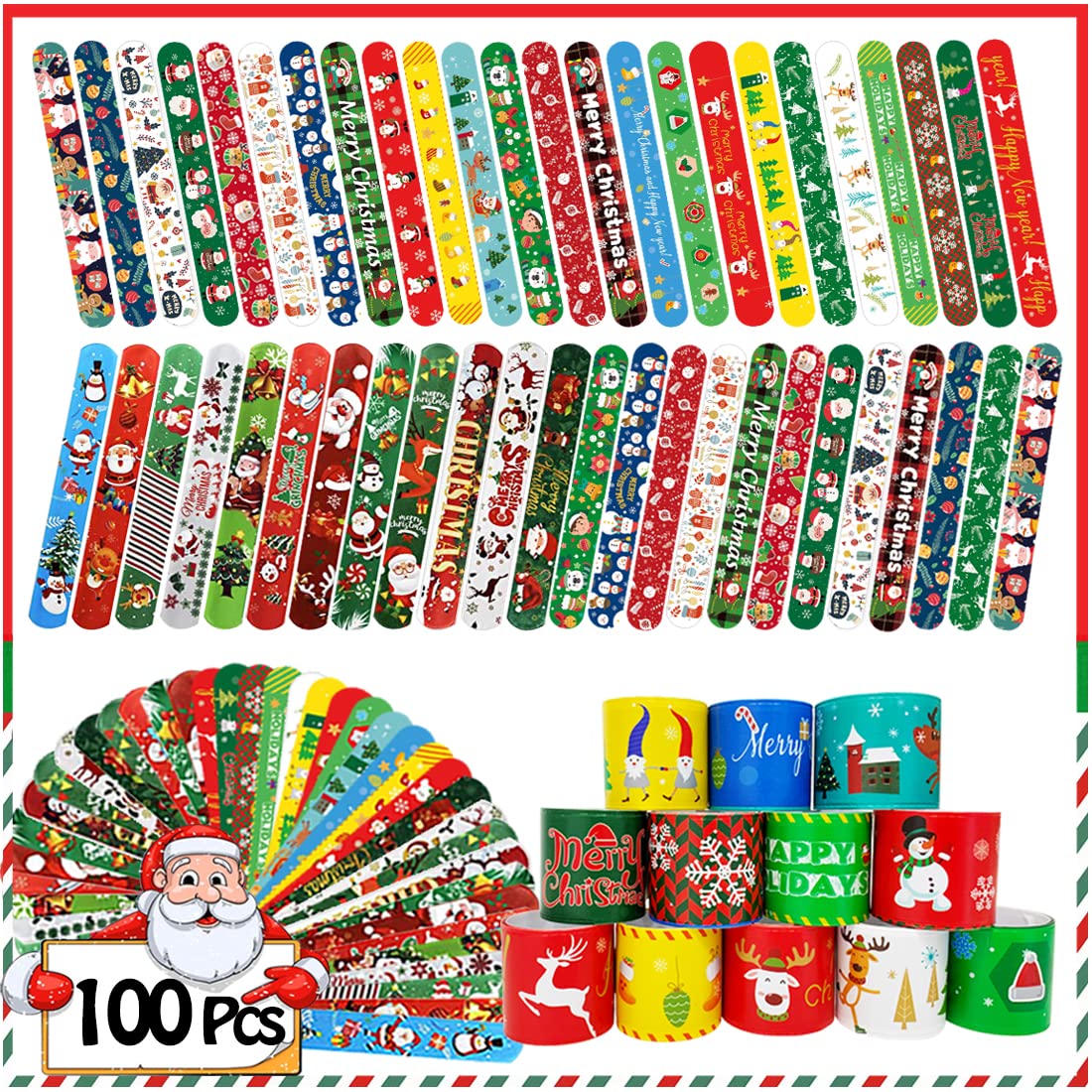 100Pcs Christmas Slap Bracelets, Christmas Party Favors for Kids, Christmas Stocking Stuffers, Christmas Toys for Kid and Children, Party Gift Bag Filler Supply