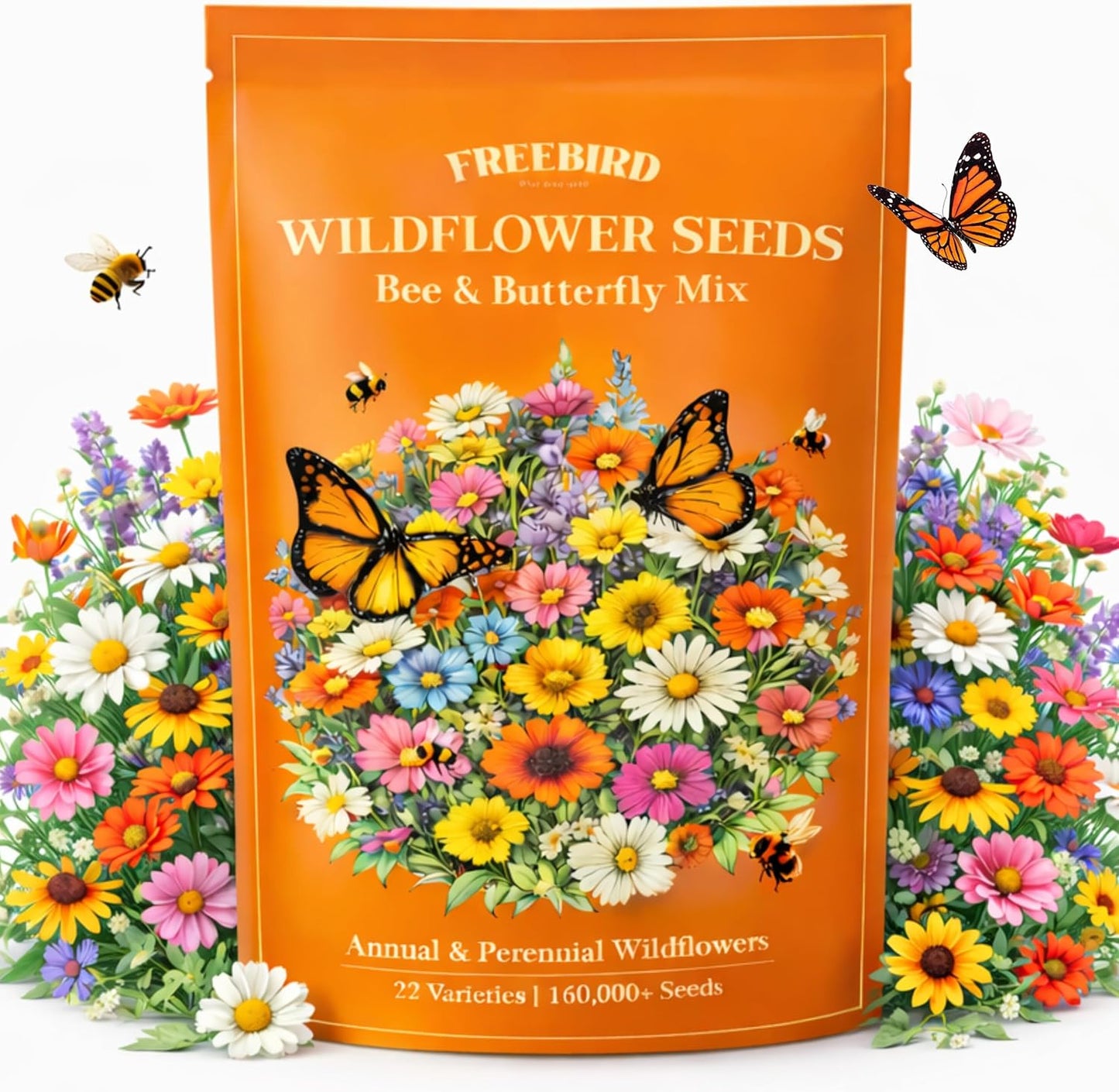 Wildflower Seeds for Bees & Butterflies - 22 Variety Pollinator Mix - 160,000+ Seeds in 4 oz Blend