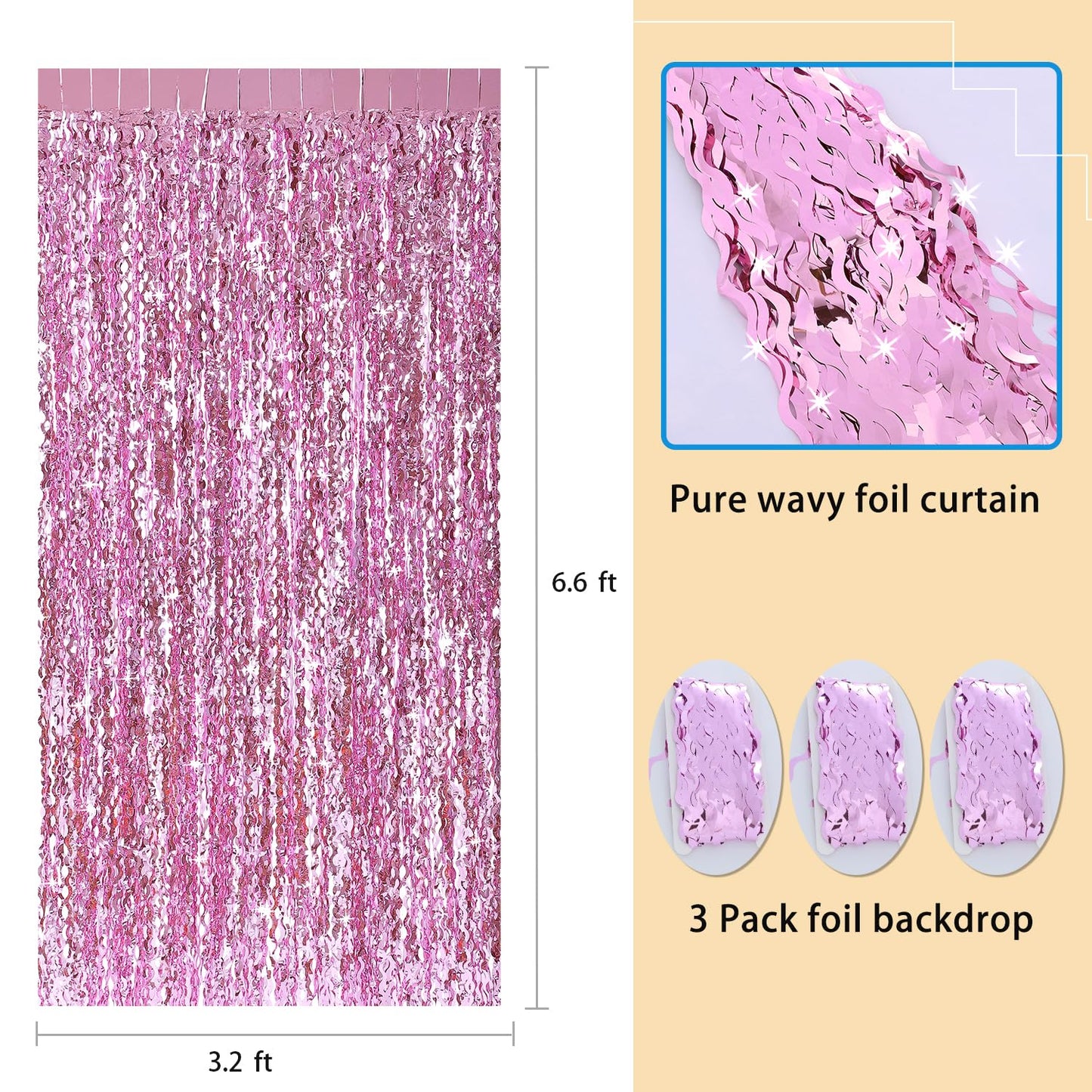 Pink Foil Fringe Curtain - Wavy Fringe Backdrop 3.3 x 6.6 Feet, Pack of 3 | Pink Streamers Party Decorations Birthday Decorations Valentine's Day Decoration Party Supplies