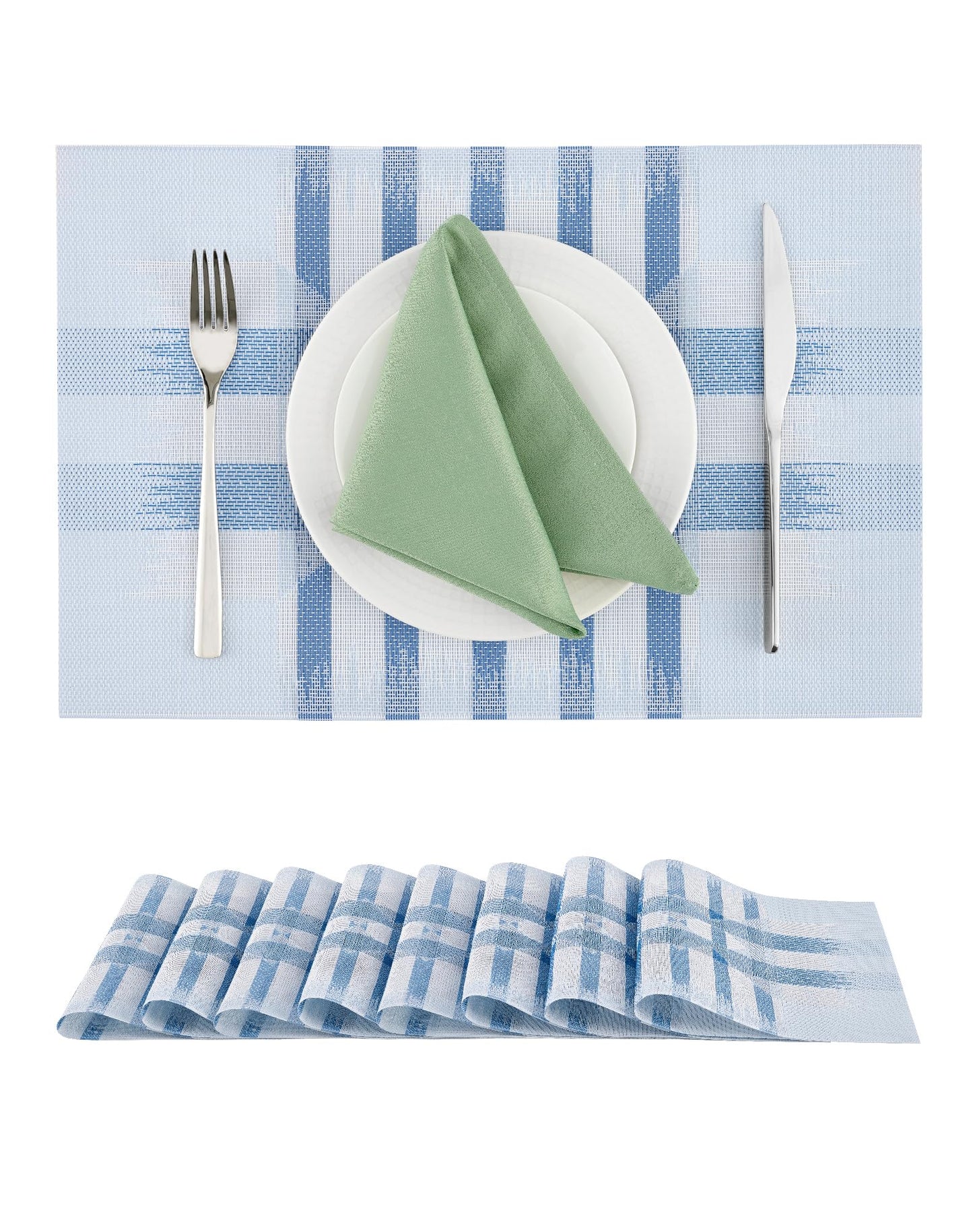 Leetaltree Geometric Print Blue Placemats Set of 8 - Heat Resistant Non-Slip Place mats for Dining Table, Washable Durable PVC Vinyl Woven Table Mats (Geometric Blue, 8)