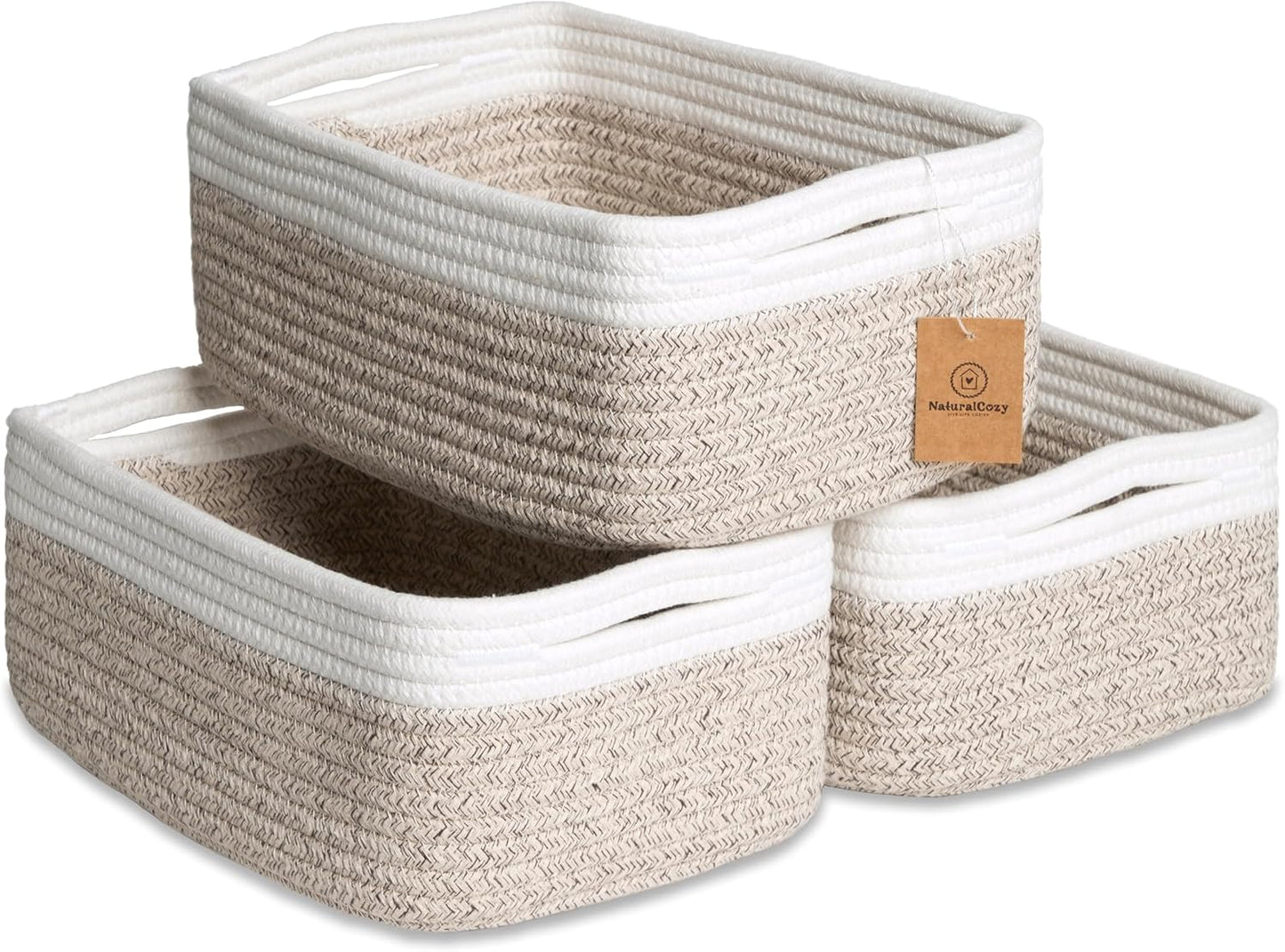 NaturalCozy Storage Baskets - 3 Pack Cotton Rope Woven Bins for Organizing | Small Size for Nursery, Bathroom, Closet