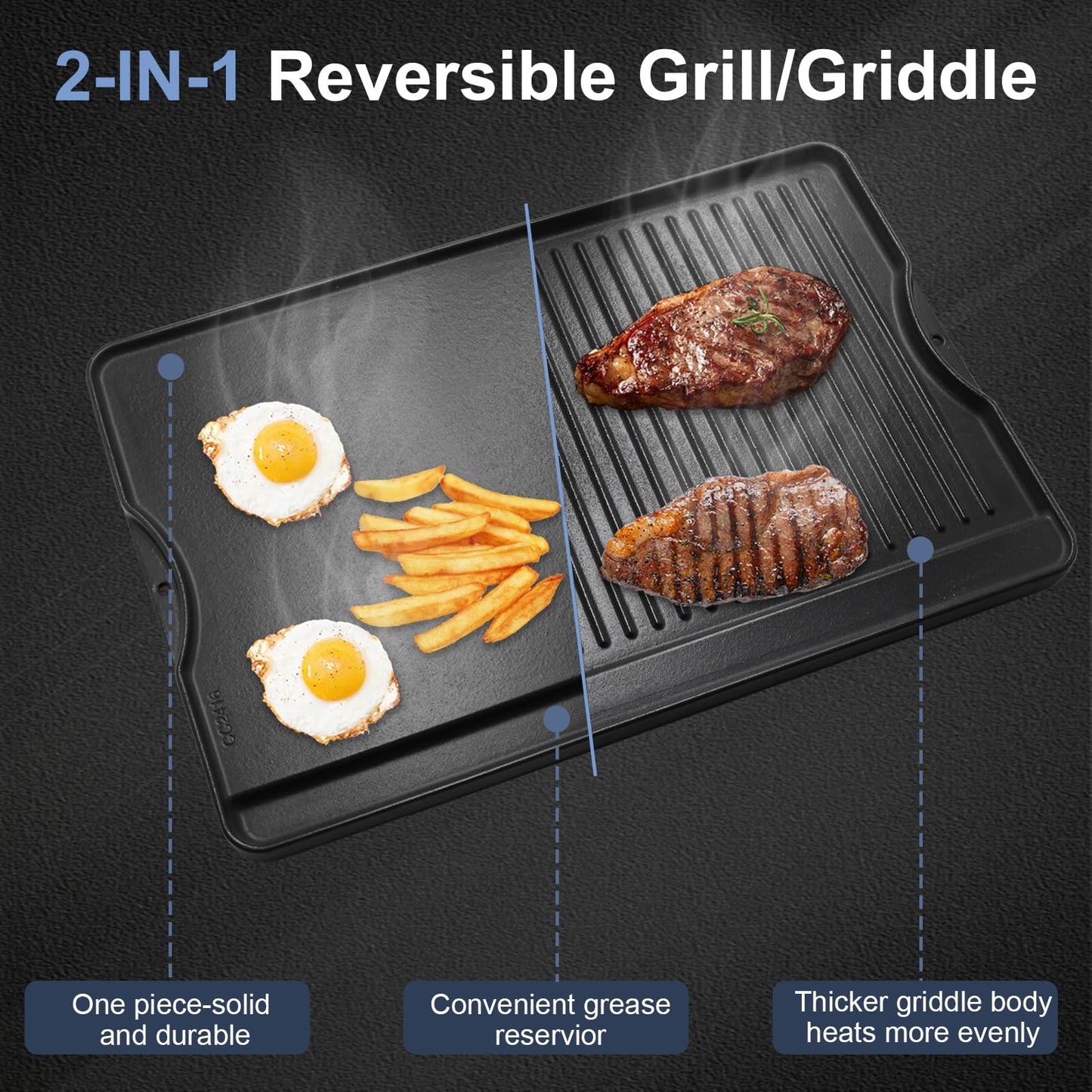 Criditpid Flat Griddle Top Plate Replacement Parts for Gas Stove, Charcoal, Electric, Propane, Gas Grill, 16” x 24” 2-in-1 Reversible Pre-Seasoned Cast Iron Cooking Griddle for Camping Tailgating.