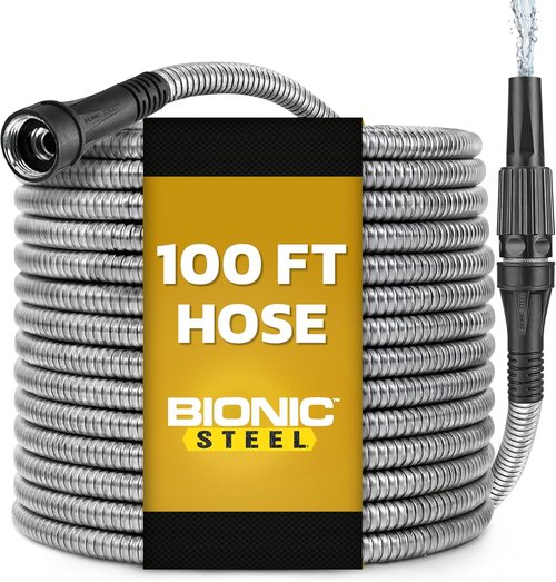 BIONIC STEEL 100 Ft Metal Garden Hose - Heavy Duty Non-Kinking Design with Sprayer Nozzle | 500 PSI