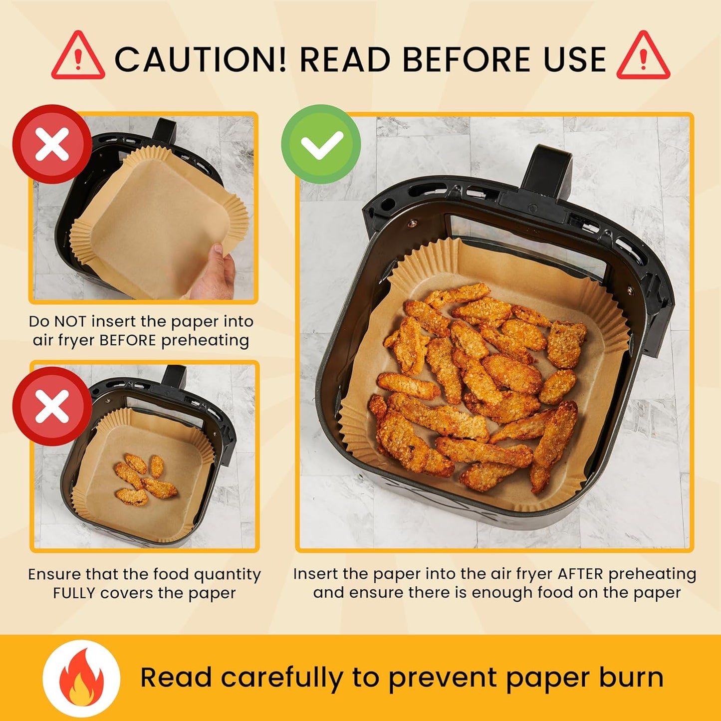 Skiennix Air Fryer Disposable Liners - Non-Stick & Oil Proof for Easy Cleanup | 125 Pcs, 8” Square for 5-8 Qt Basket