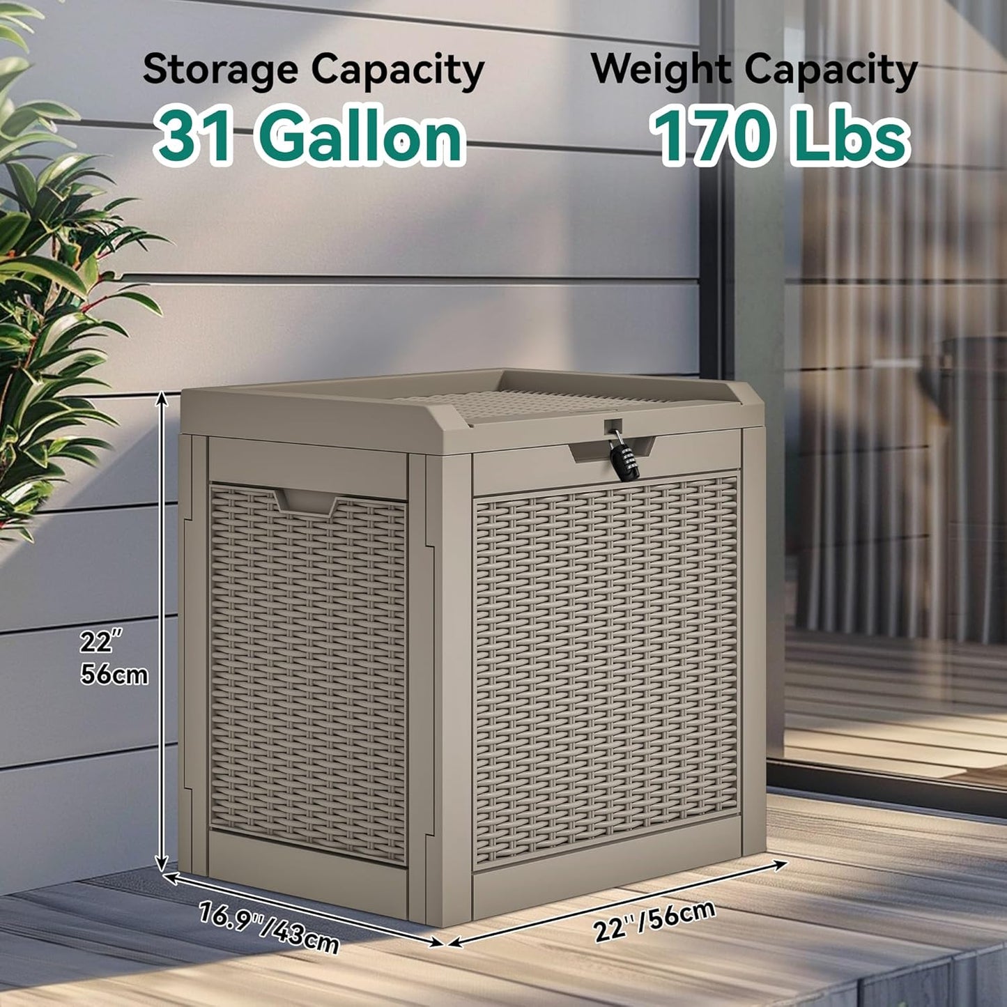 YITAHOME 32 Gallon Outdoor Storage Box - Water Resistant Resin Deck Container for Patio & Garden (Brown)