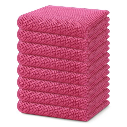 Homaxy 100% Cotton Waffle Weave Kitchen Dish Towels, Ultra Soft Absorbent Quick Drying Cleaning Towel, 13 x 28 Inches, 8-Pack, Hot Pink