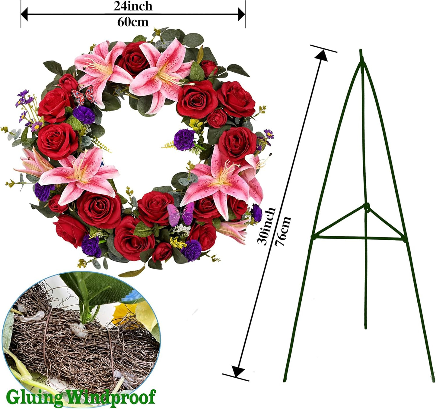 Regine Switzerland Cemetery Wreath - Handmade Floral Arrangement with 30-Inch Easel Stand | Red & Pink Roses, Lilies, Daisies, Carnations