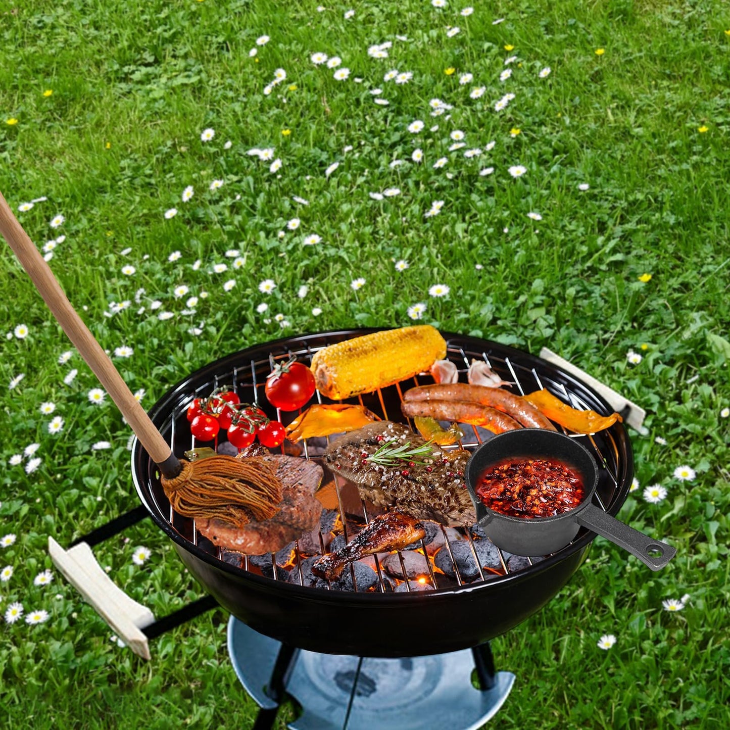BBQ Mop Brush and Cast Iron Sauce Pot Set, 11-in-1 Value Pack includes 2Pcs Wooden Long Handle, 6 Brush Heads, 1 Cast iron BBQ Pan and 2 Silicone Brushes for Grilling all Types of Ingredients