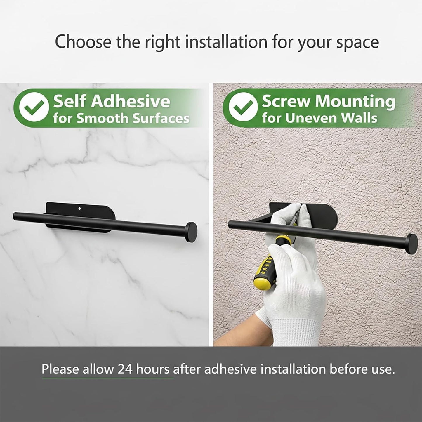 Skiennix Paper Towel Holder - Self-Adhesive or Screw Mount - Black SUS304 Stainless Steel for Kitchen & Bathroom