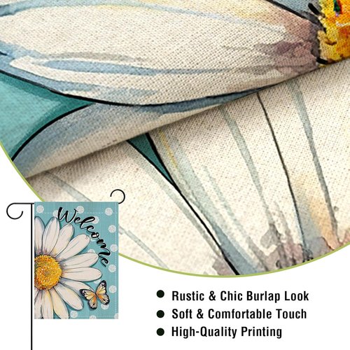 Artofy Welcome Spring Summer Daisy Flower Small Decorative Garden Flag, Floral Butterfly Blue Yard Lawn Outside Decor, Polka Dots Seasonal Burlap Outdoor Home Decoration Double Sided 12 x 18
