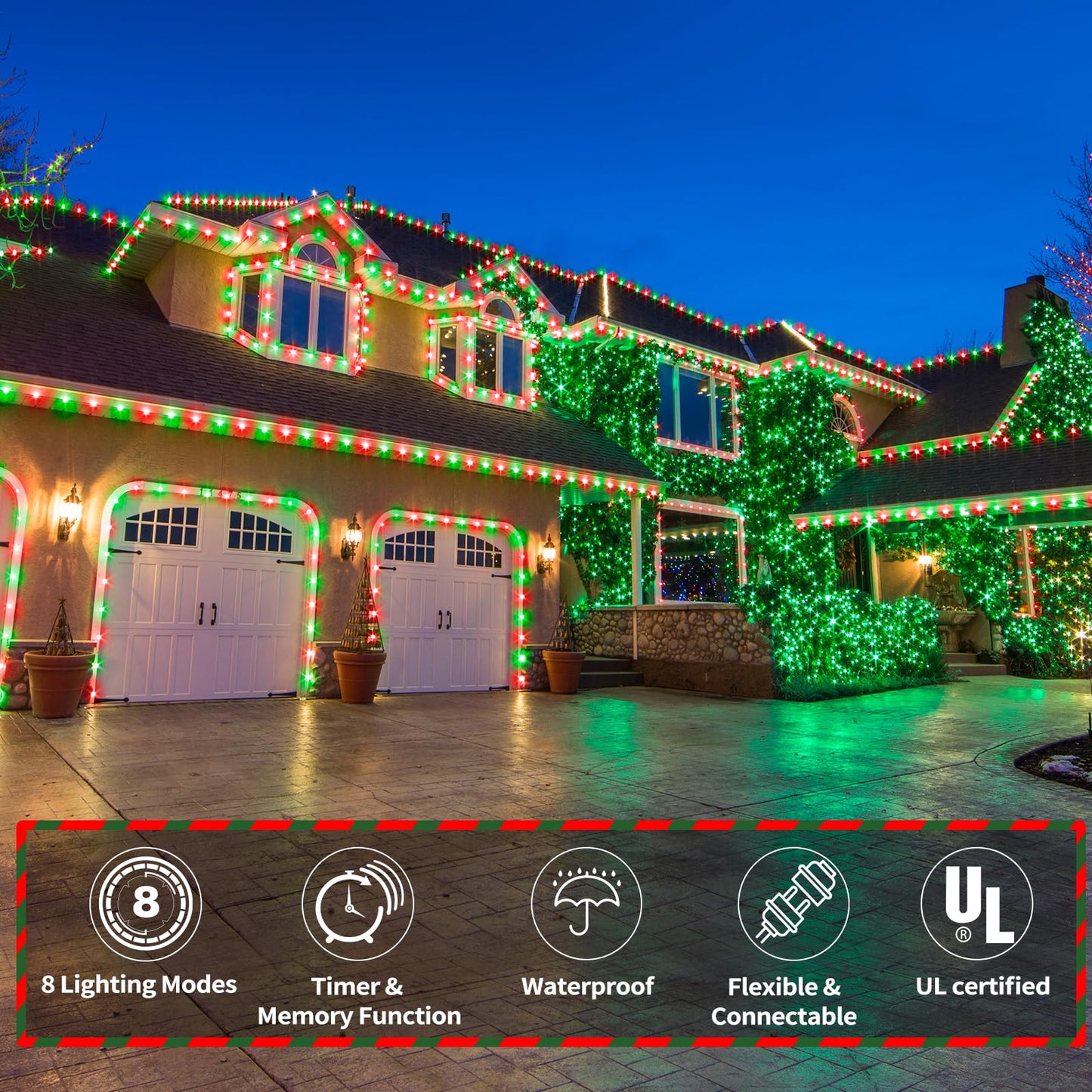 150ft LED Rope Lights Outdoor, 1080 LED Connectable and Flexible Tube Lights with 8 Modes, Waterproof LED Rope Lighting for Garden Patio Pool Bedroom PartyIndoor Outdoor Christmas Decor (Red & Green)