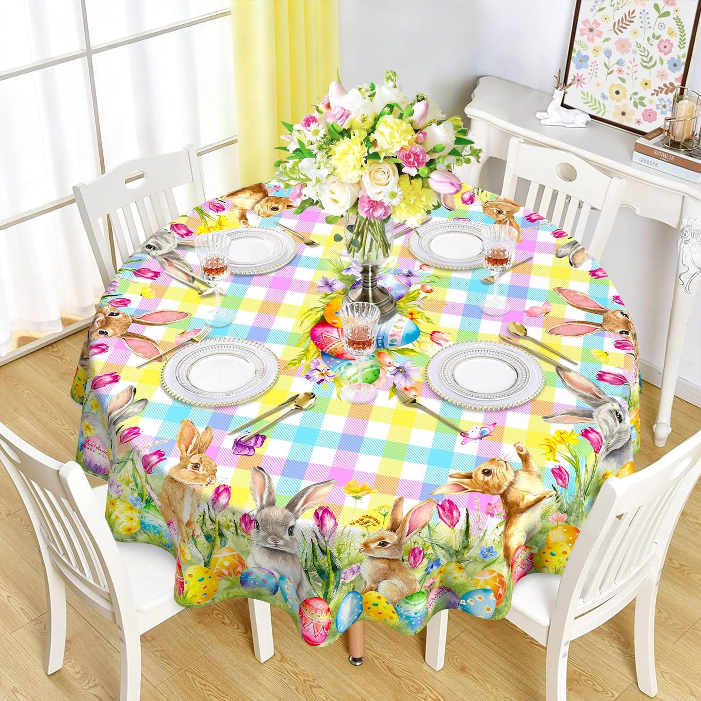 Kuyuayee Easter Bunny Round Tablecloth 60x60 Inch Waterproof Rabbit Eggs Tablecloths Washable Table Cloth for Spring Easter Party Picnic Dinner Home Decor