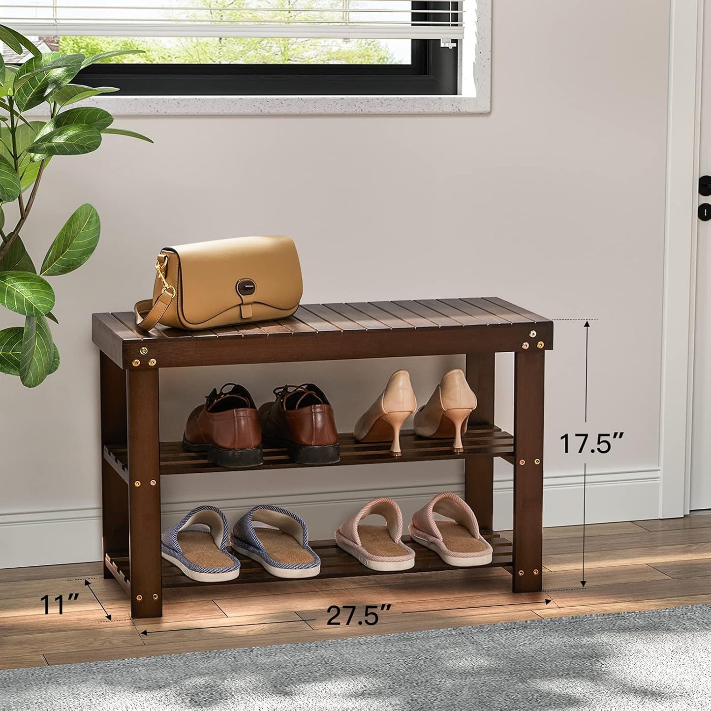 Pipishell Bamboo Shoe Rack - 3-Tier Sturdy Storage Bench for Entryway & Living Room | Holds Up to 300lbs, Brown