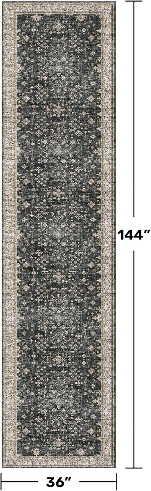 Hazo Haus Black Boho Runner Rug - Washable 3x12 ft | Waterproof, Non-Slip, Stain & Fade Resistant