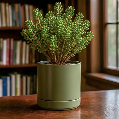 D'vine Dev Ceramic Planter Pot - 6.5 Inch Indoor Cylinder with Drainage Hole & Saucer | Olive Color