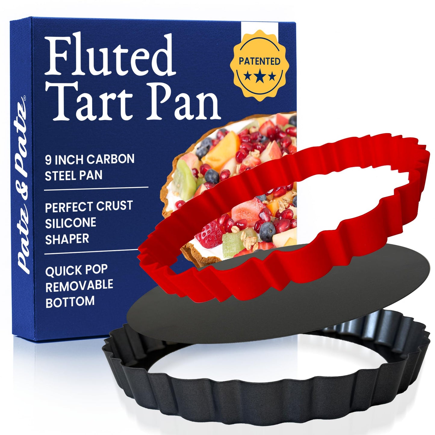 Patz&Patz Fluted Tart Pan 9 Inch Removable Bottom with Patented Silicone Crust Shaper | Nonstick Carbon Steel Quiche Baking Dish, Fruit Tart Molds for Baking, Quiche Pan & Pie Mold - PFOA & PTFE-Free