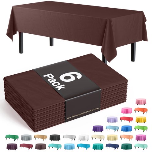 Exquisite Party Solids 6-Pack Premium Plastic Tablecloth 54in. X 108in. Rectangle Plastic Table Cover - Brown