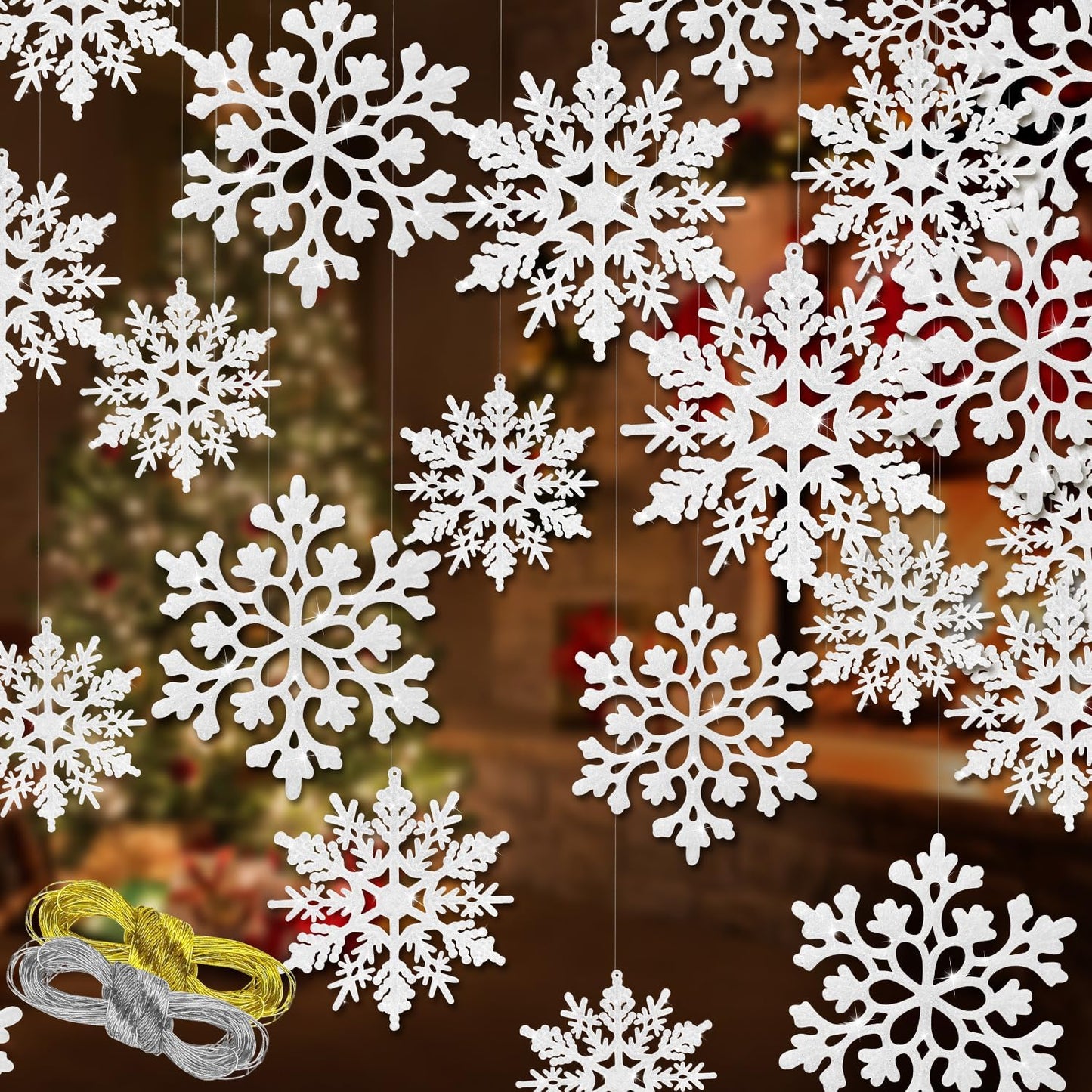 Skiennix 46 Pcs White Glitter Snowflake Ornaments - Various Sizes for Winter Wonderland Decor