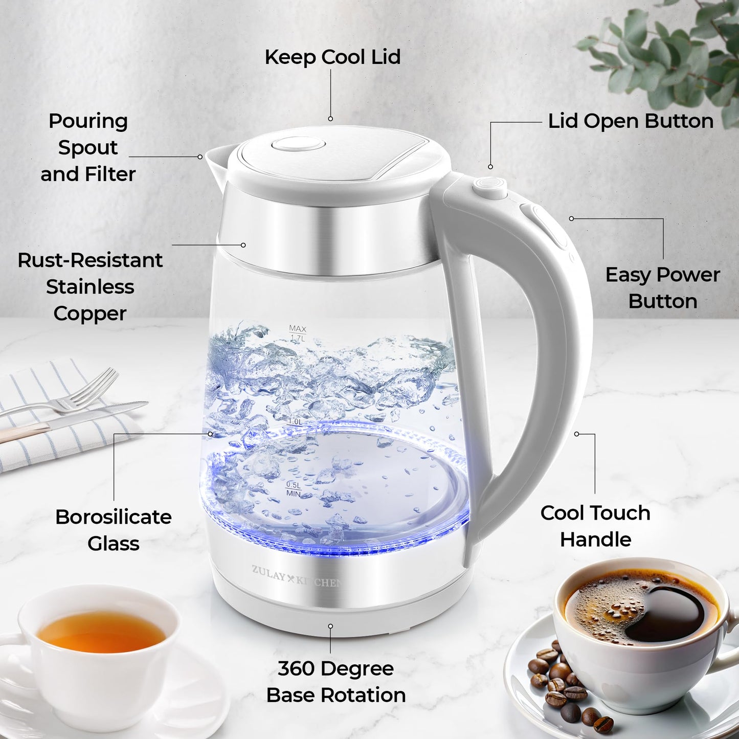 Zulay Kitchen Fast Boiling Electric Water Kettle - 1.7L, 1500W, Auto Shut-Off for Overboil & Boil Dry Protection, Cool-Touch Handle, 360° Base - Rapid Teapot Boiler For Coffee & Tea - White