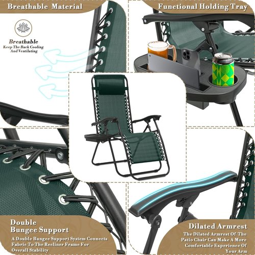 Athena Collection Zero Gravity Lounge Chair Set of 2 - Reclining Pool Chairs with Cup Holder | Green